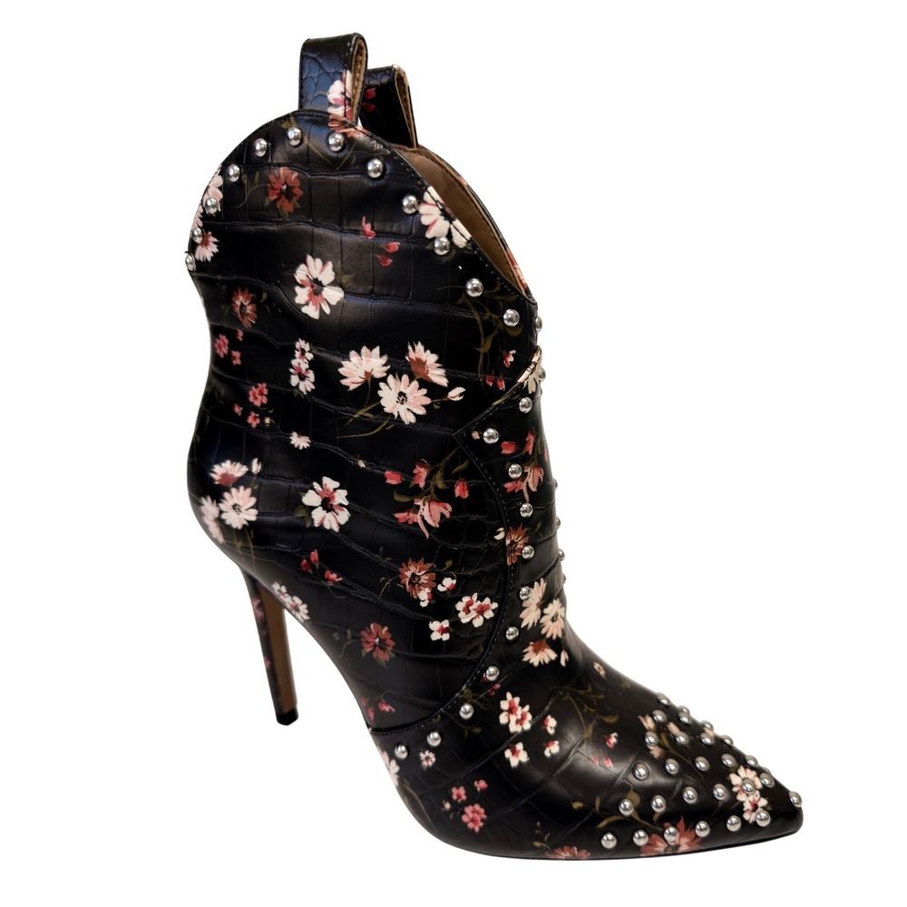 Jessica Simpson Black Floral Croc Studded Pointed Toe Stiletto Ankle Boots 7.5M - Picture 7 of 11